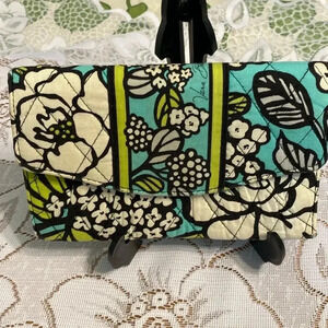 Vera Bradley Tri-Fold  Clutch Wallet In Blue Multi Colored Floral Graphic Design